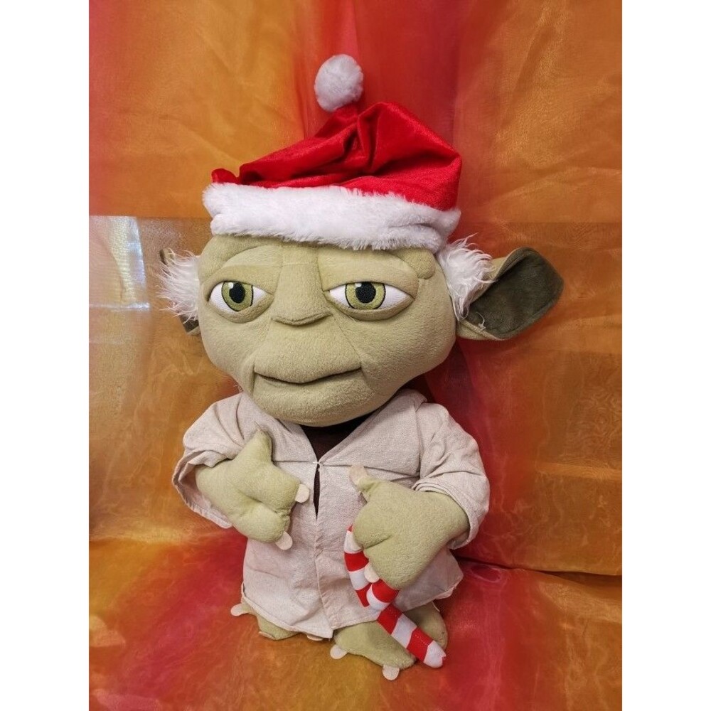 Star Wars Yoda Jedi Christmas Porch Greeter Santa Hat Candy Cane Plush Toy 21"